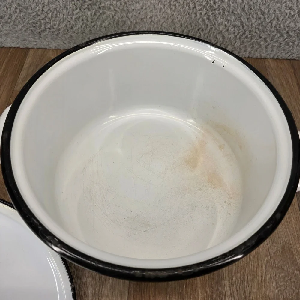 Vintage Floral Enamelware Stock Pot White Brown 24cm Retro Dutch Oven with Lid